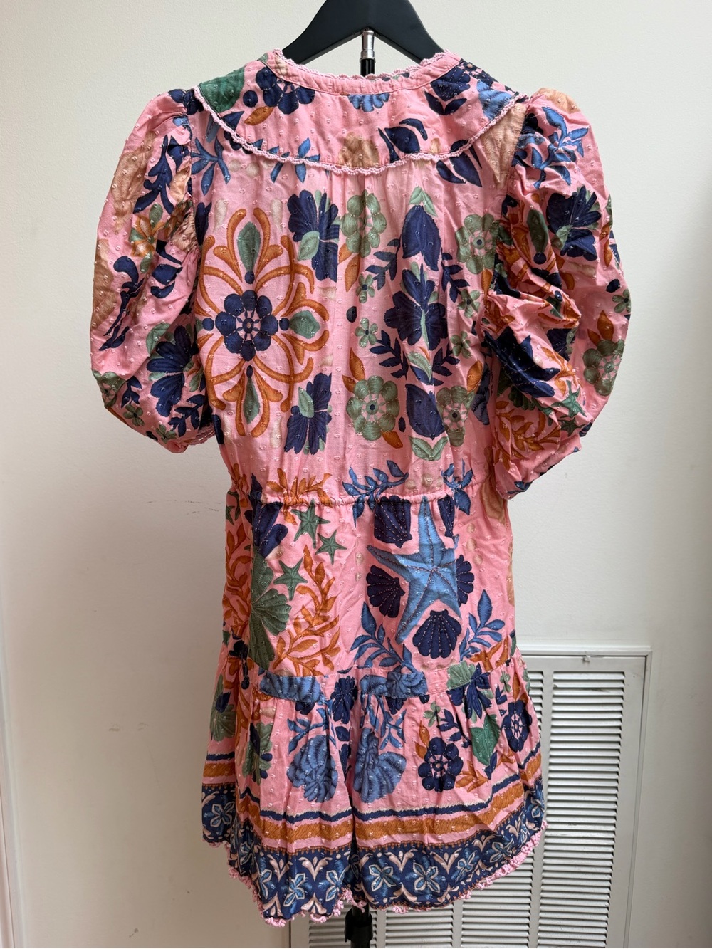 FARM Rio Pink “Seashell Tapestry” Puff Sleeve Tassel Mini Dress Size S - Picture 16 of 16